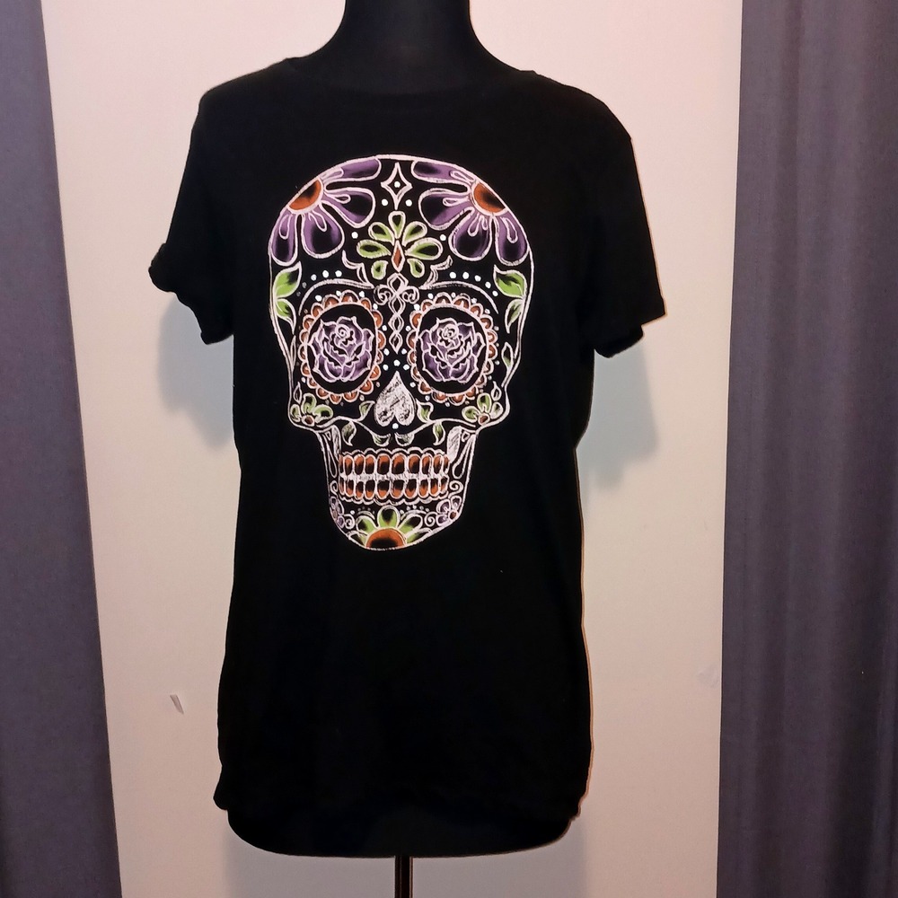 Way to Celebrate Halloween Day of the Dead Sugar Skull Black Cotton Tshirt XL